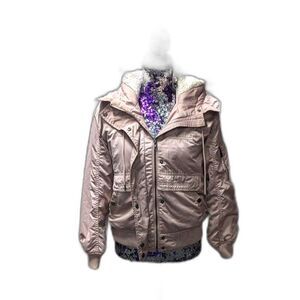 American Eagle Women's Size Small Satin Pink Puffer Coat Faux Fur Hood